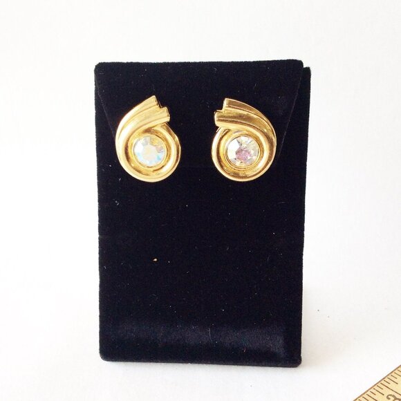 Aurora Borealis Rhinestones Clips Earrings Art Deco Design Gold Tone Clip On - Picture 2 of 3